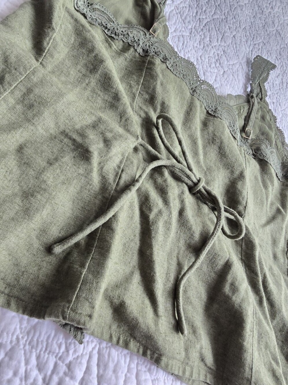 Abercrombie & Fitch Lace-Trim Tie Front Linen Blend Peplum Cami Top Green - Picture 8 of 12